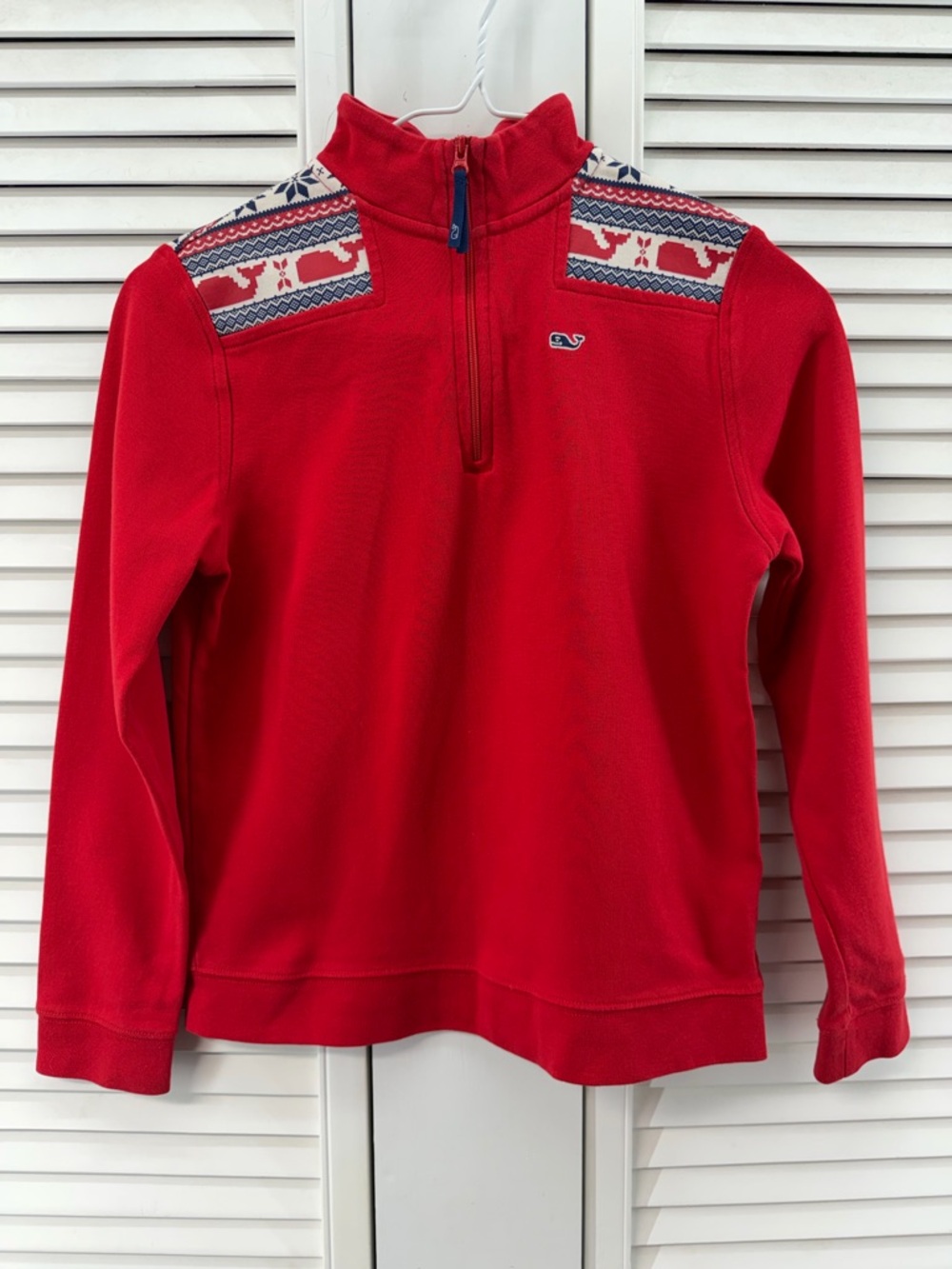 Vineyard Vines size 12-14 red Half-Zip Sweater with Fair Isle whale Accents